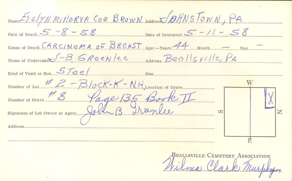 Evelyn Coe Brown burial card